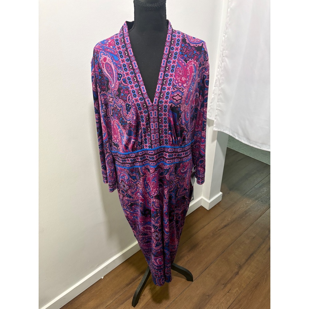 NWT London Times Paisley Faux Wrap Maxi Dress Women's 18 Navy Pink Stretch